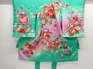 アンティーク　鴛鴦に御所車・蝶模様着物